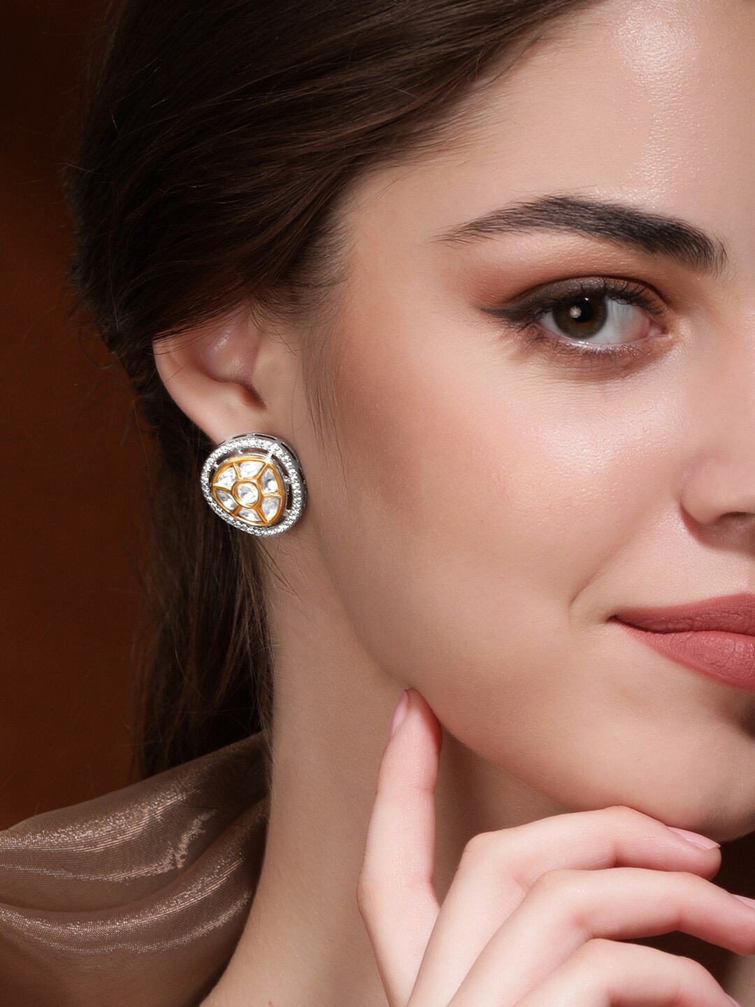 

Rubans 22K Gold Plated Kundan & Cubic Zirconia Studded Premium Stud Earrings, Silver
