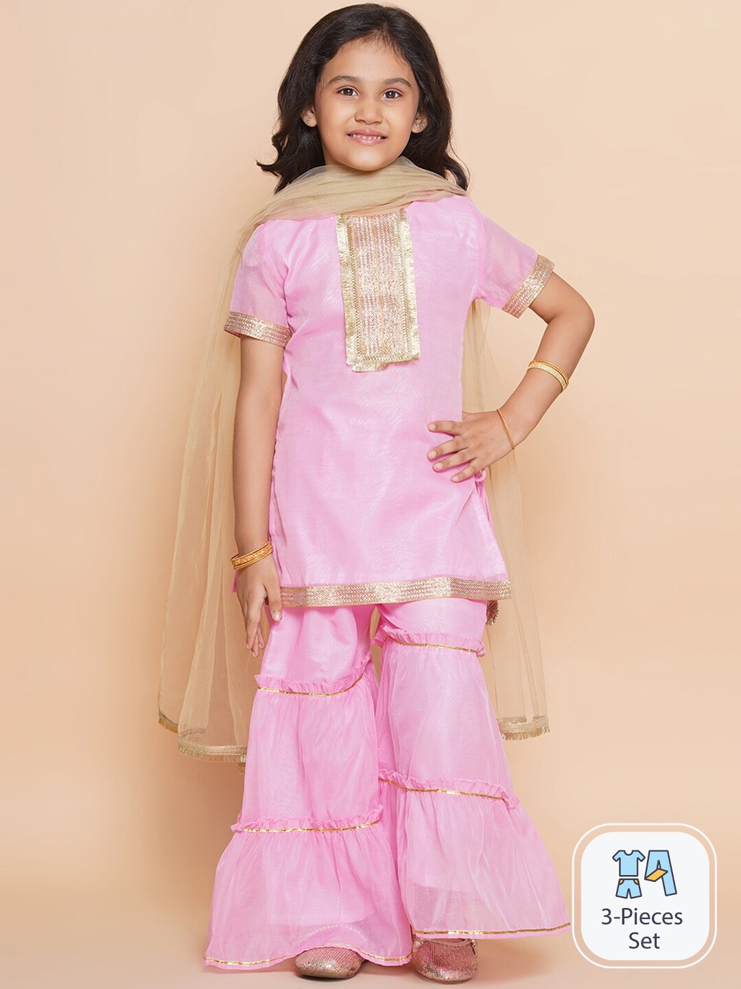 

Modish Couture Girls Ethnic Motifs Yoke Design Gotta Patti Kurti & Sharara With Dupatta, Pink