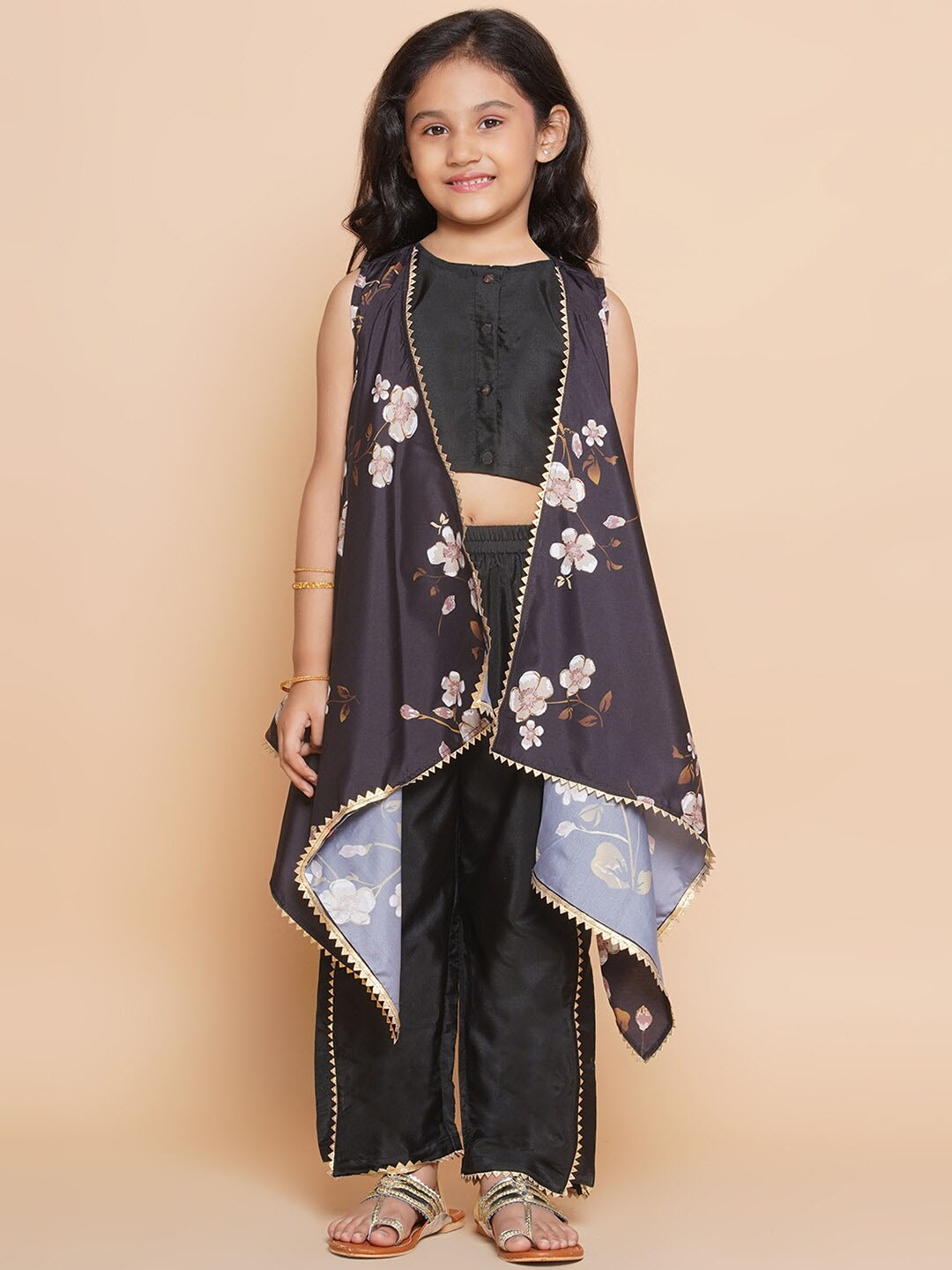 

Modish Couture Round Neck Sleeveless Gotta Patti Comes With Floral Printed Shrug, Black