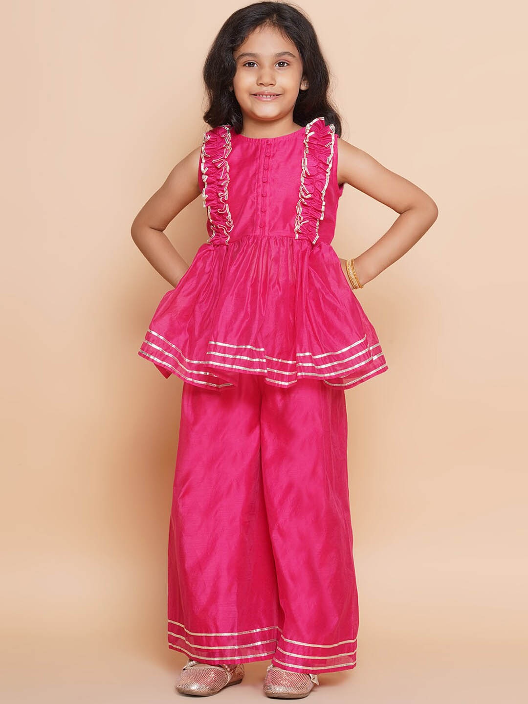 

Modish Couture Girls Gotta Patti Chanderi Silk Kurti with Palazzos, Pink