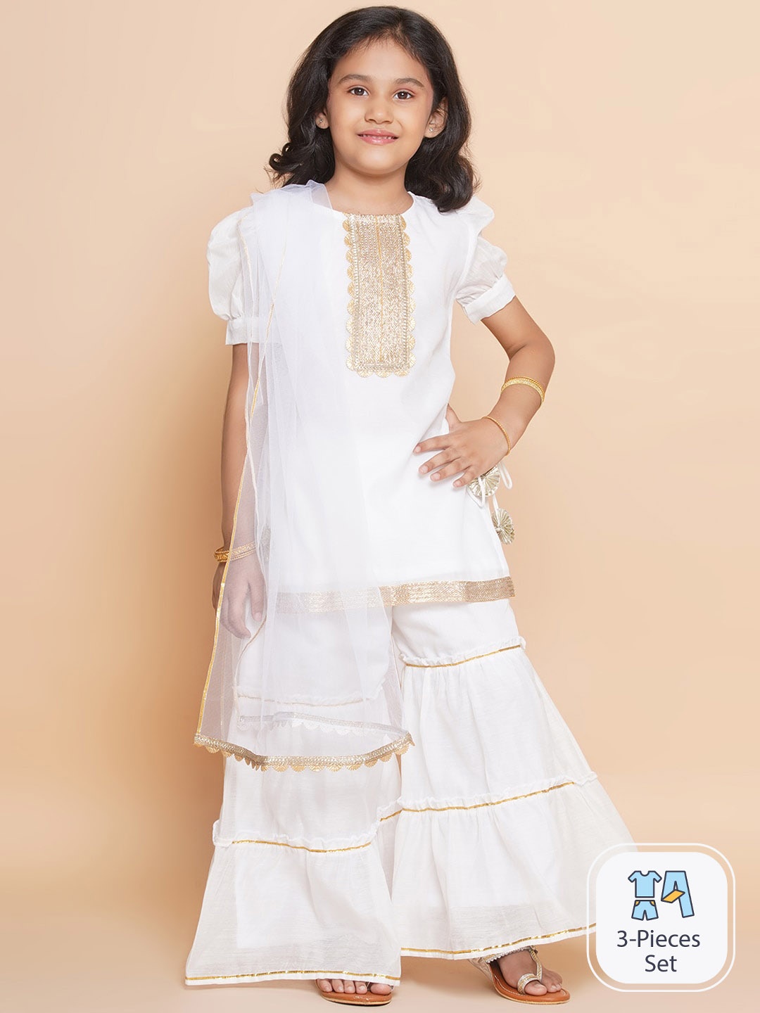 

Modish Couture Girls Gotta Patti Chanderi Silk Kurti & Sharara With Dupatta, White