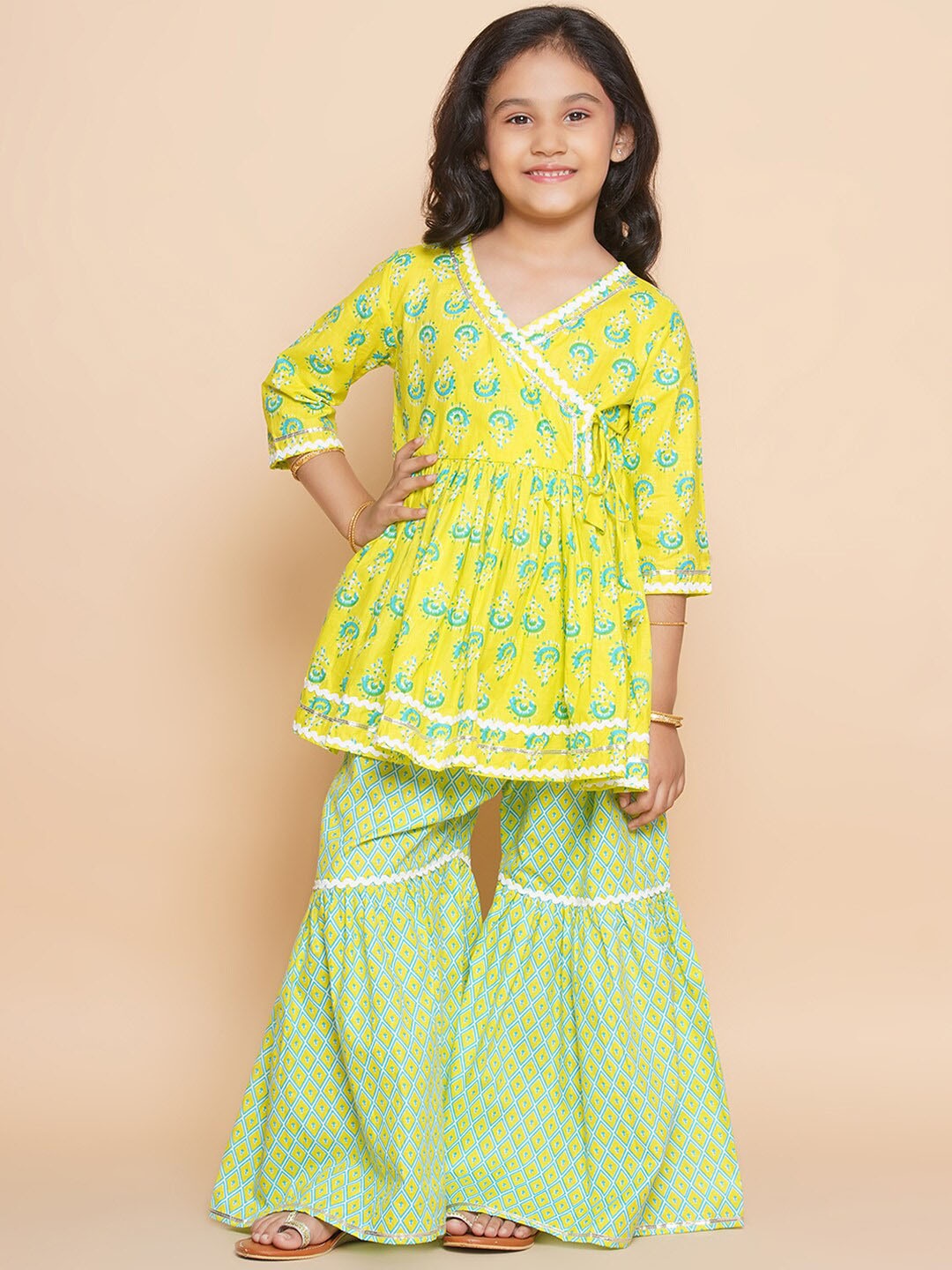 

Modish Couture Girls Floral Printed Angrakha Gotta Patti Pure Cotton Kurti with Sharara, Green