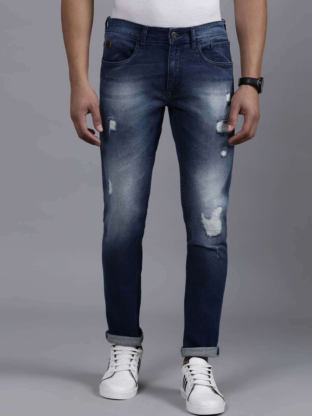 

WROGN Men Slim Fit Mildly Distressed Light Fade Comfort Stretchable Jeans, Blue