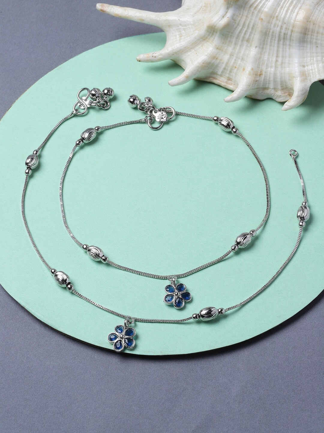 

ZENEME Rhodium-Plated Artificial Stone-Studded Beaded Anklet, Silver
