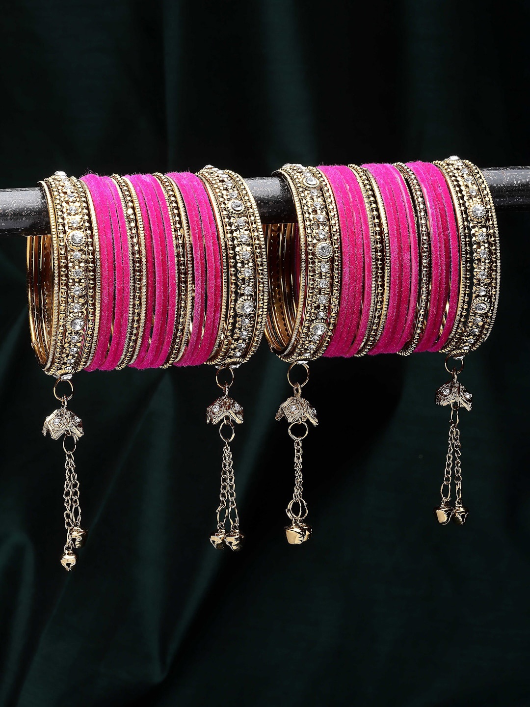 

ZENEME Set Of 56 Gold-Plated Matte Finish Velvet AD-studded Tasselled Bangles
