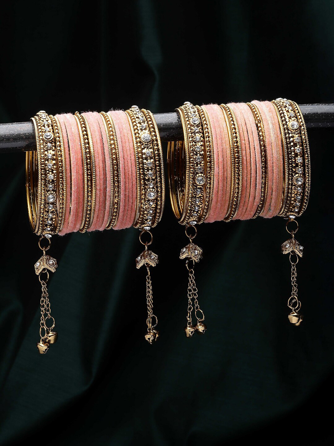 

ZENEME Set Of 56 Gold-Plated Matte Finish Velvet AD-Studded Gold Pearl Tasselled Bangles