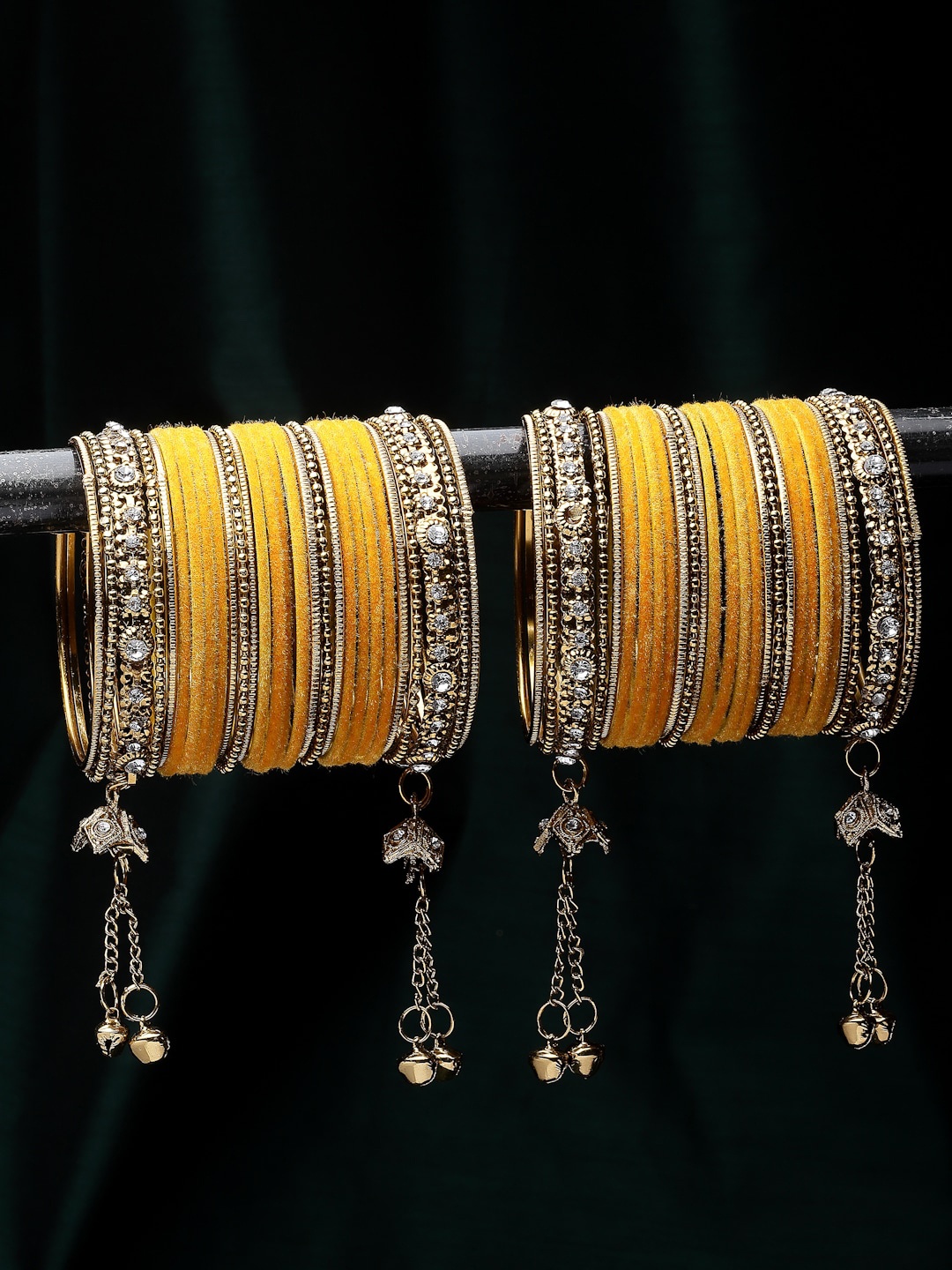 

ZENEME Set Of 56 Gold-Plated Matte Finish Velvet AD-Studded Gold Pearl Tasselled Bangles