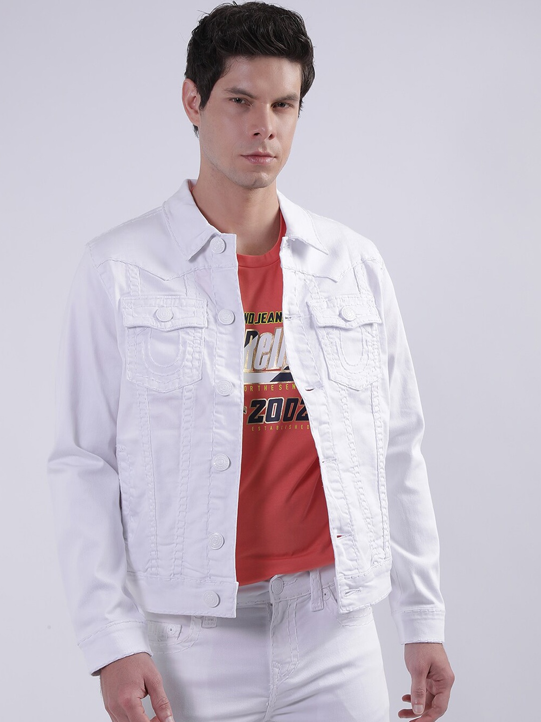 

True Religion Spread Collar Embroidered Denim Jacket, White