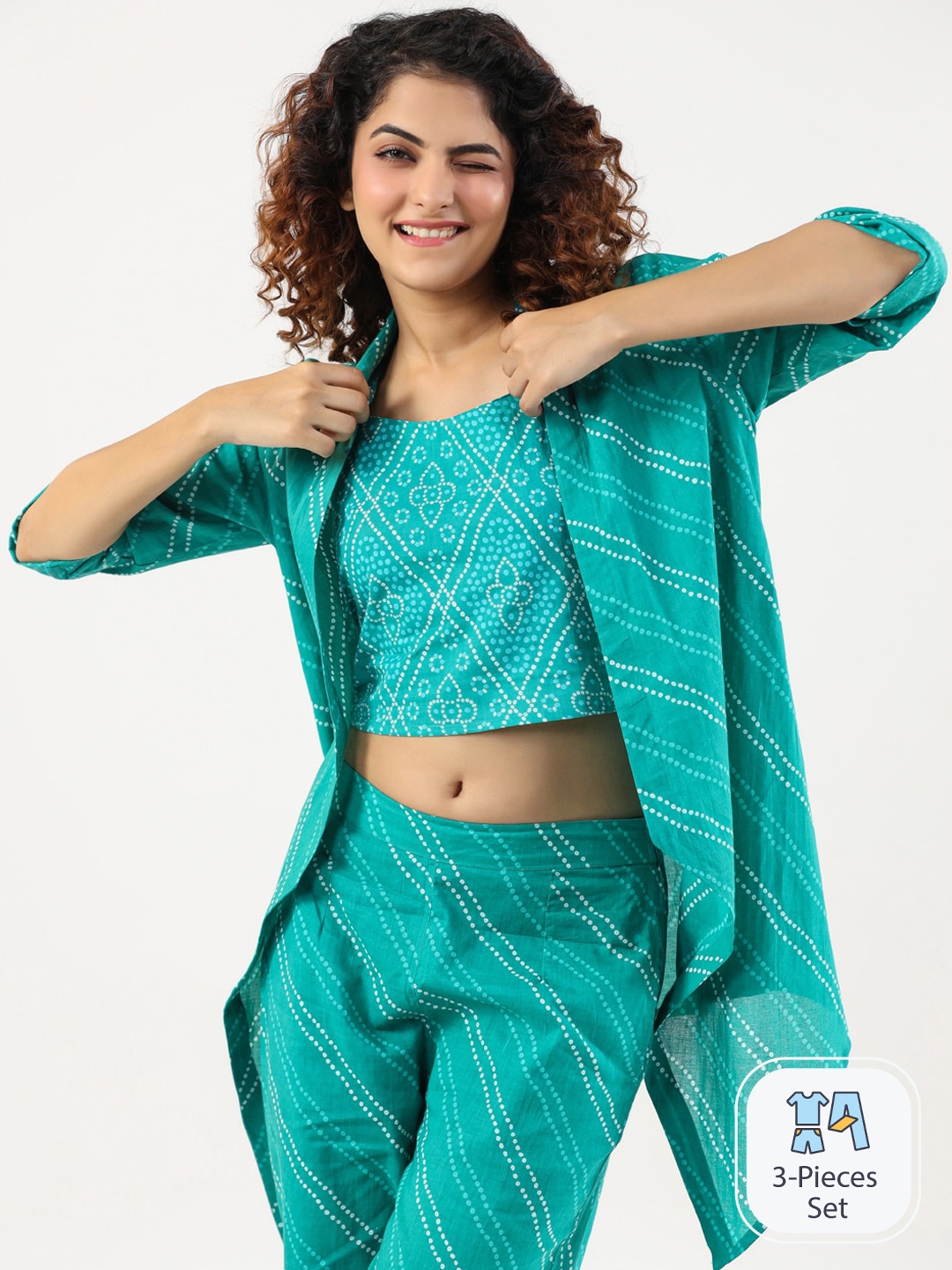 

SANSKRUTIHOMES Printed Shoulder Straps Pure Cotton Crop With Trousers, Green