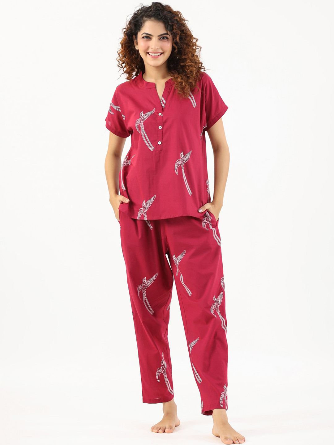 

SANSKRUTIHOMES Conversational Printed Mandarin Collar Pure Cotton Night suit, Magenta