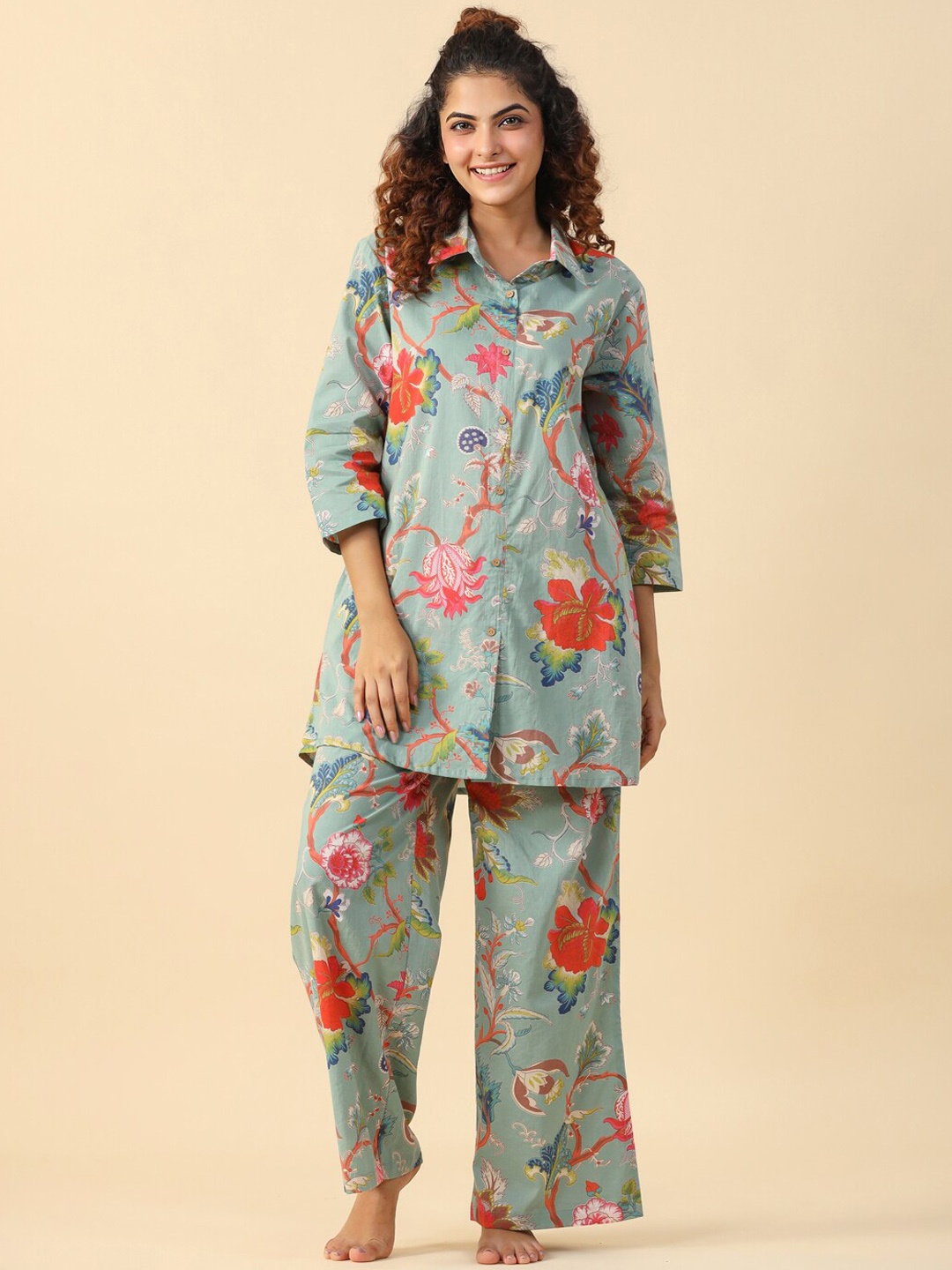 

SANSKRUTIHOMES Floral Printed Pure Cotton Night Suit, Green