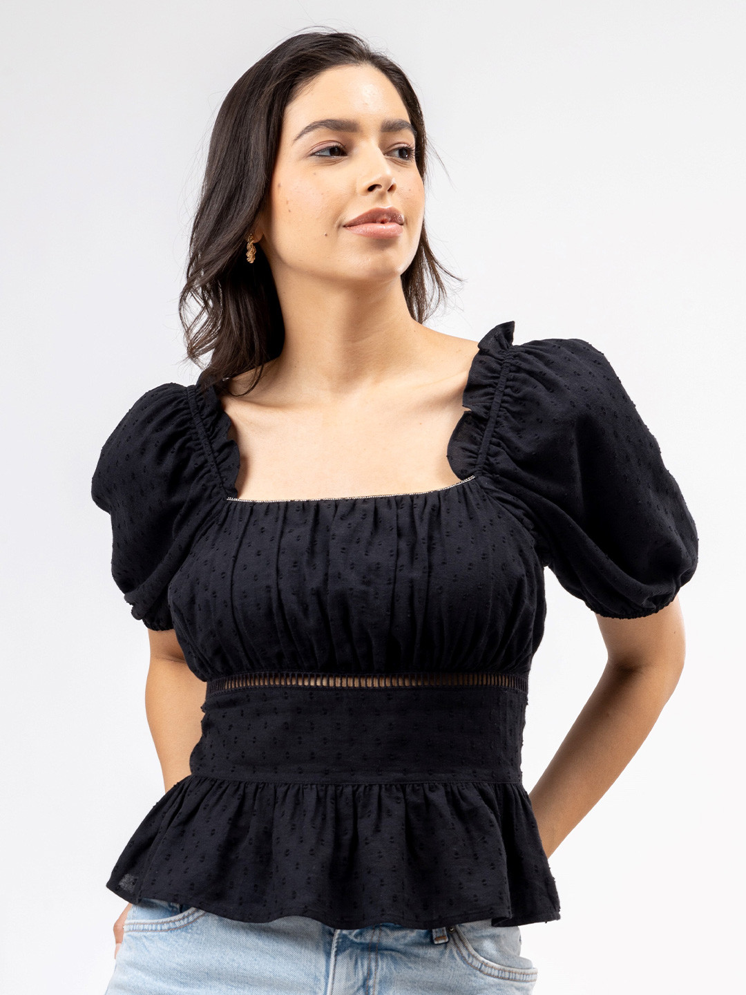 

H&M Cotton Dobby Peplum Top, Black