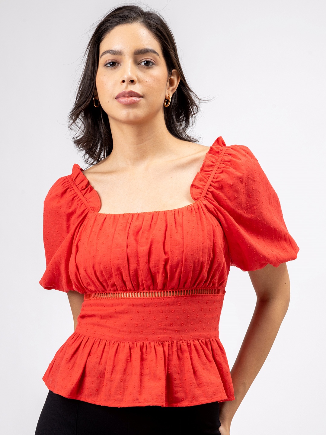 

H&M Cotton Dobby Peplum Top, Red