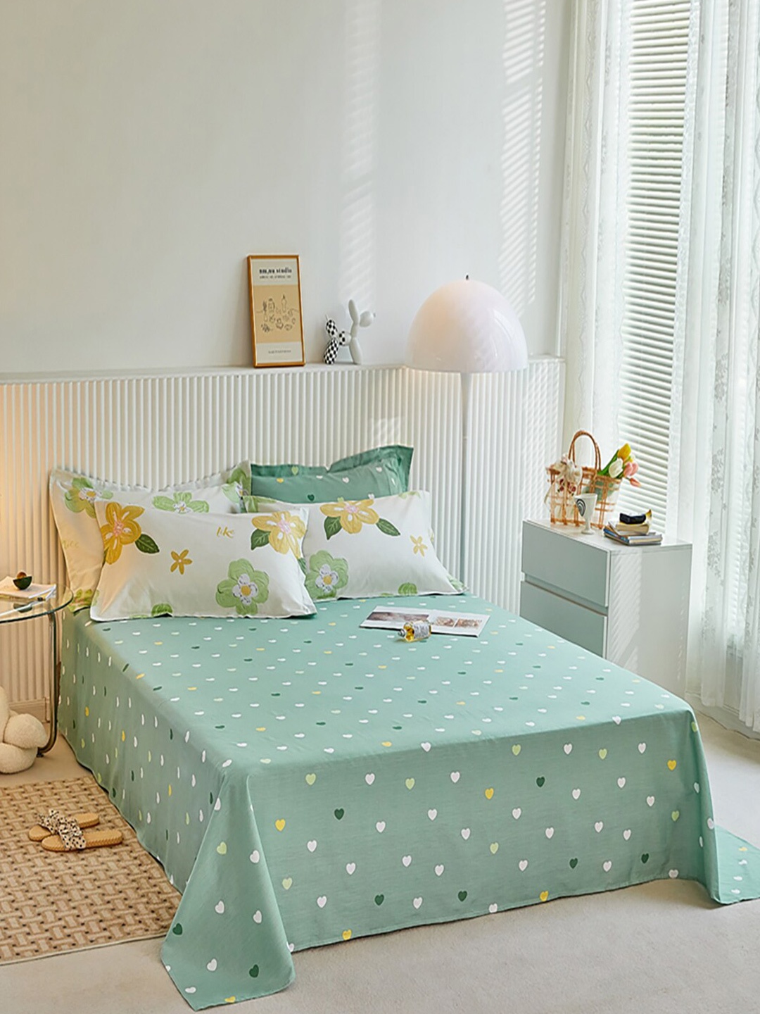 

JC HOME Green & White Floral Pure Cotton 220 TC Single Bedsheet with 1 Pillow Cover