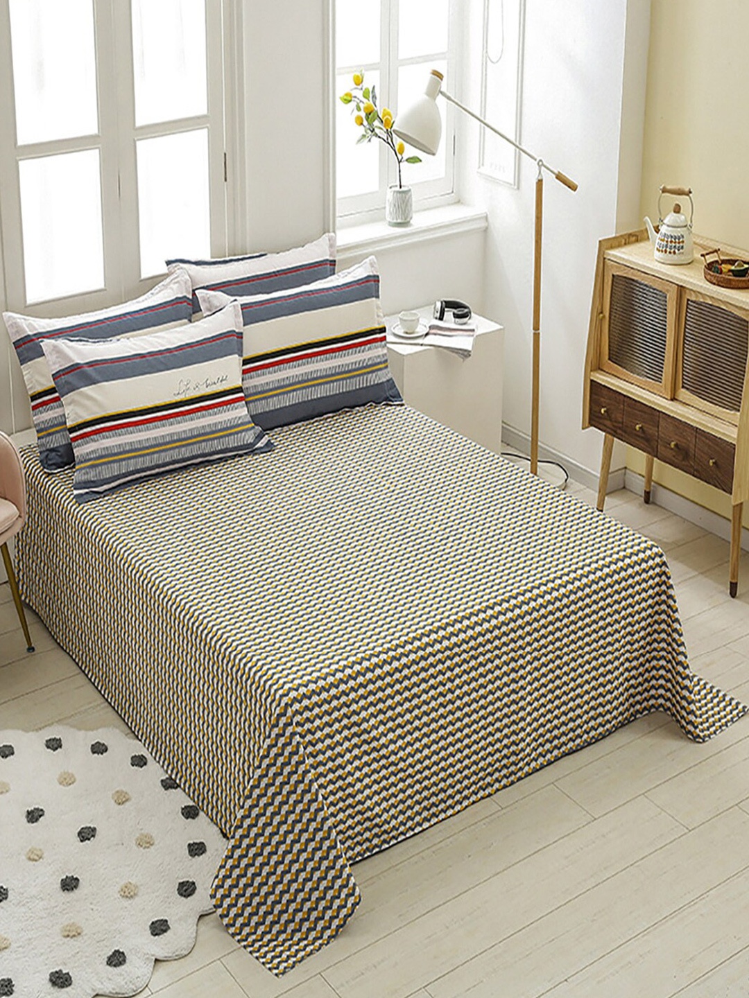 

JC HOME Green & Yellow Printed Cotton 220 TC Single Bedsheet with 1 Pillow Cover