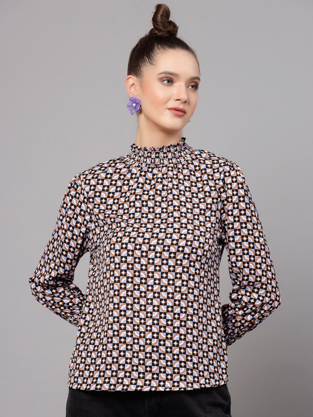 

J Style Geometric Print High Neck Top, Blue