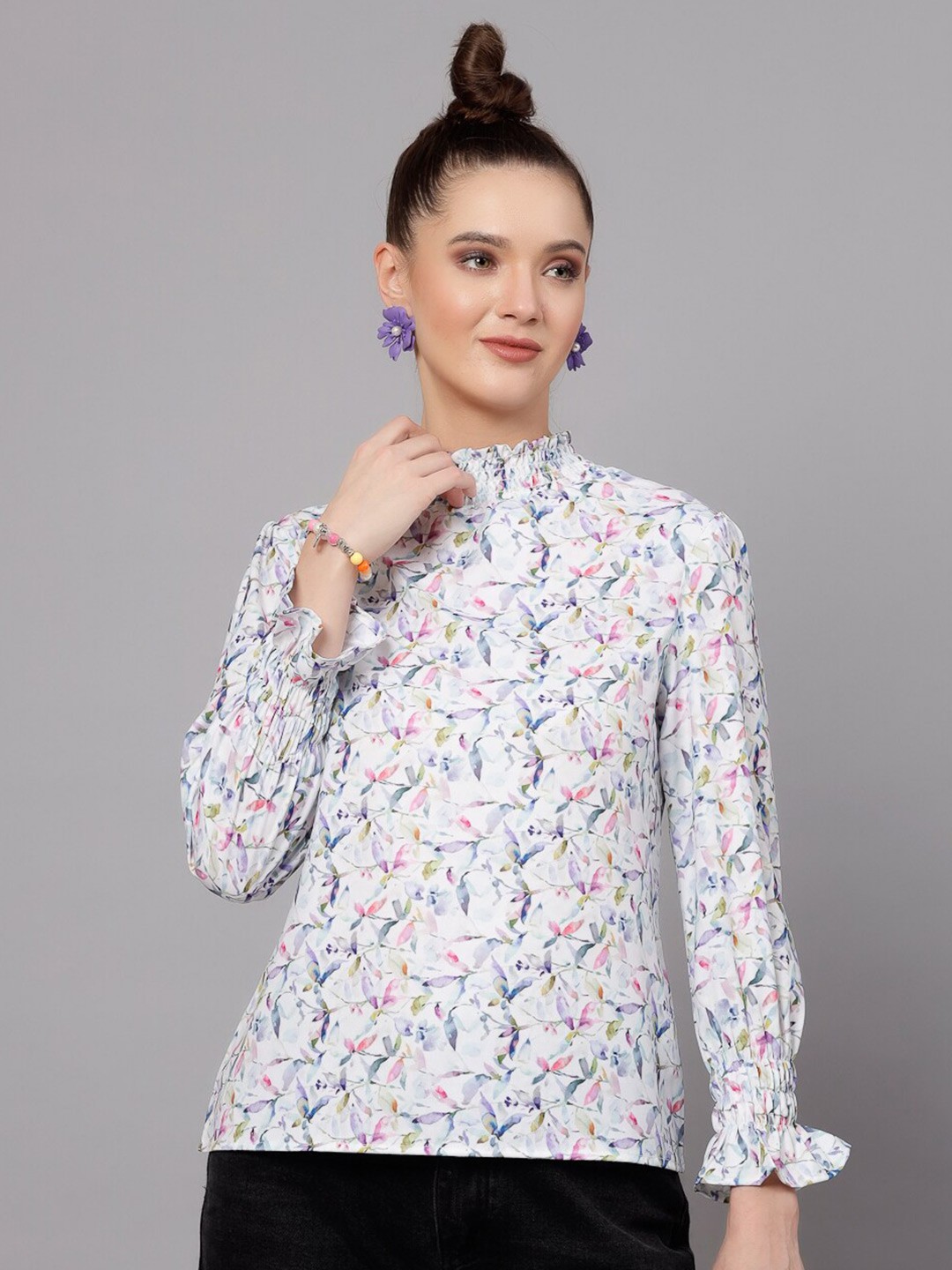 

J Style White Floral Print High Neck Cuff Sleeves Top