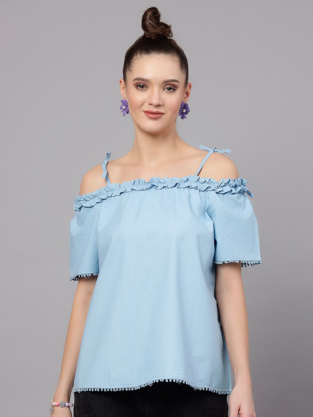 

J Style Pom Pom Detail Cotton Bardot Top, Blue
