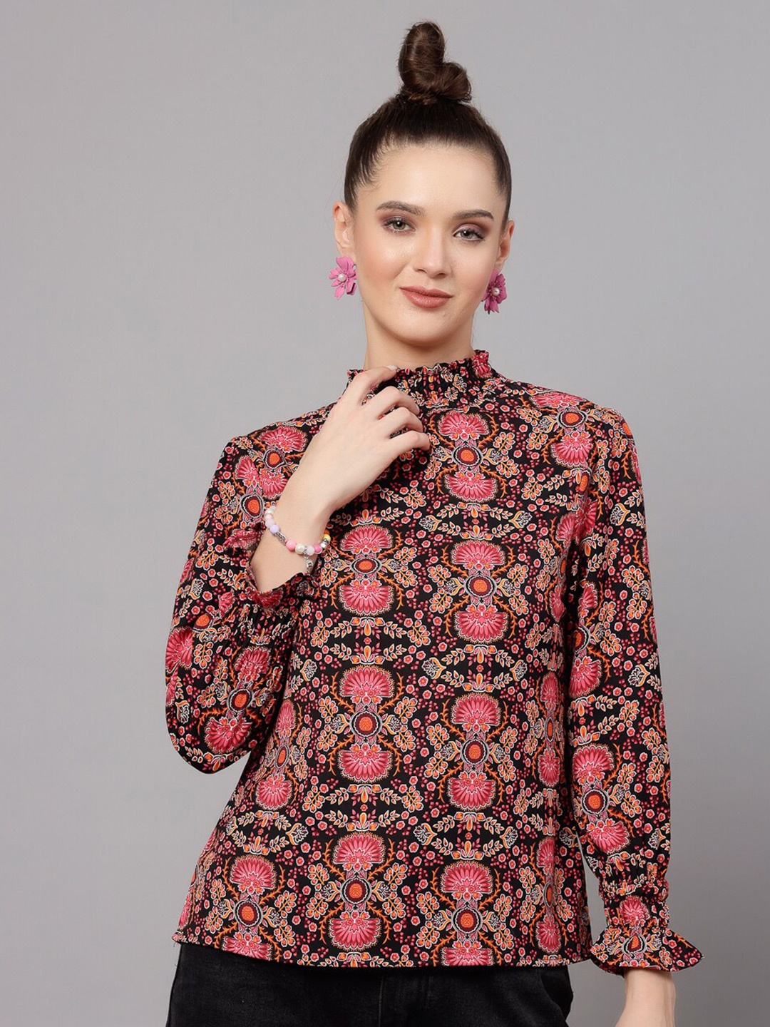 

J Style Floral Print High Neck Regular Top, Brown