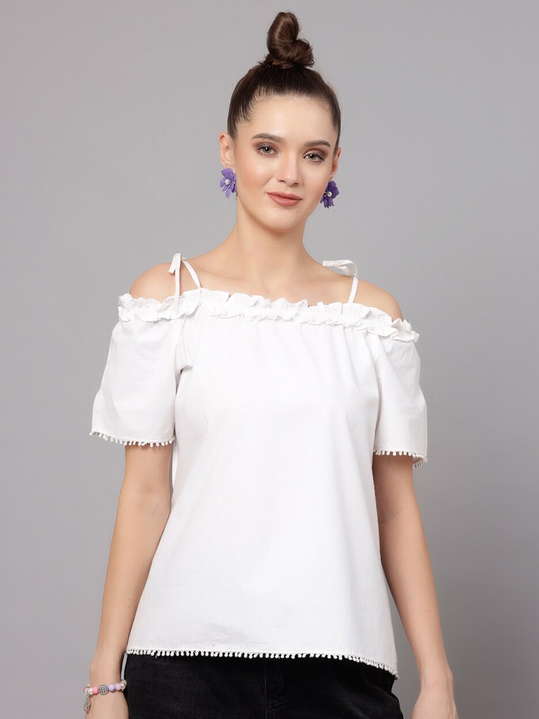 

J Style Cold-Shoulder Sleeves Pure Cotton Bardot Top, White