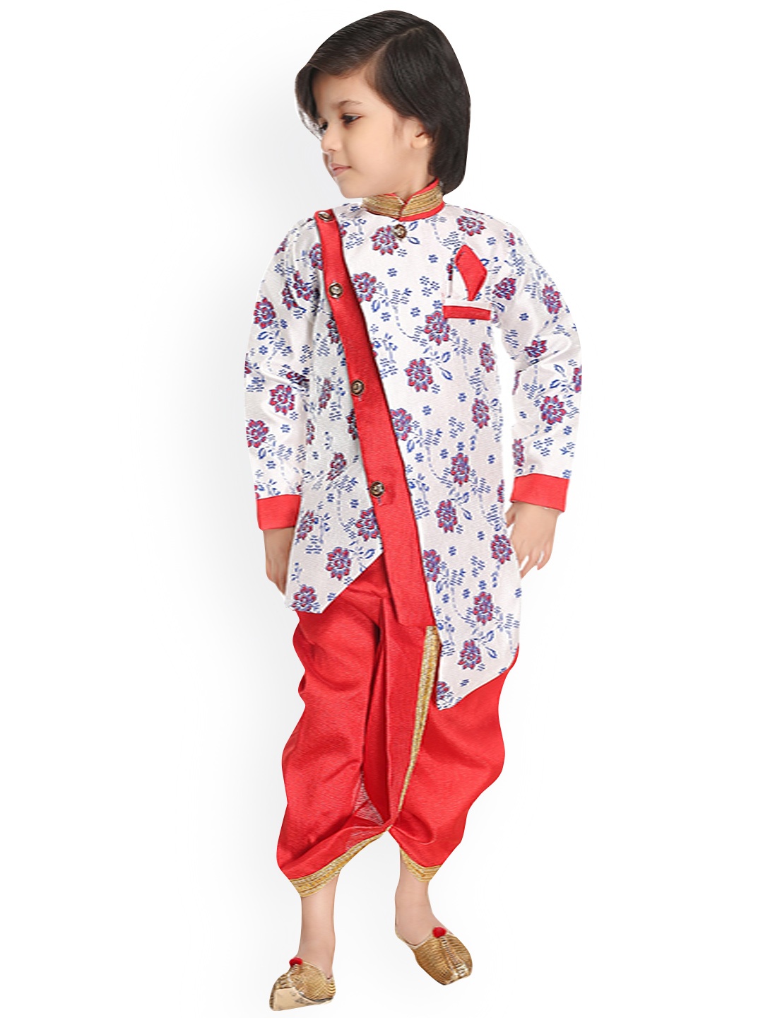 

BAESD Boys Floral Printed Layered Straight Kurta with Dhoti Pants, Red