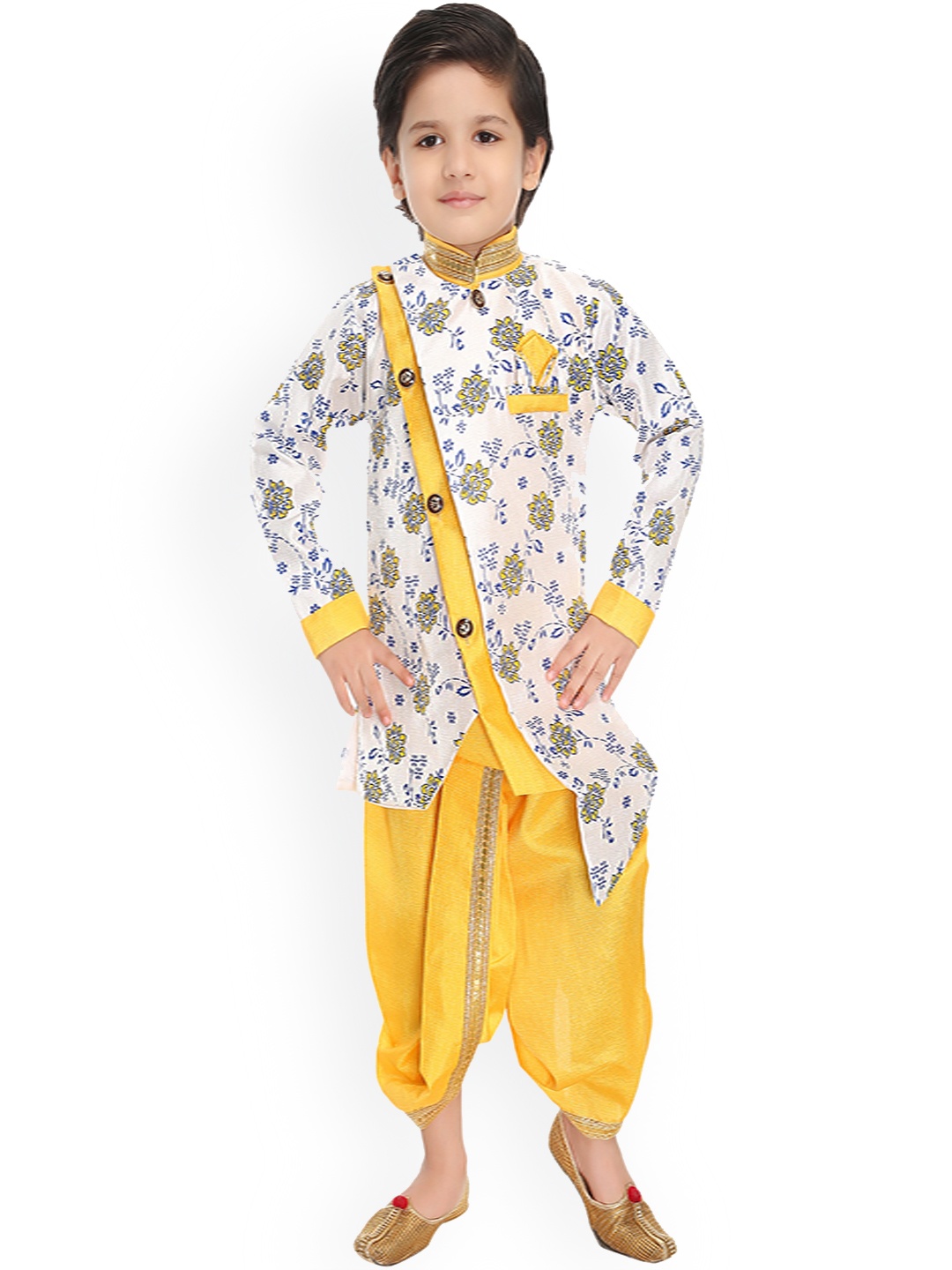 

BAESD Boys Floral Printed Layered Straight Kurta with Dhoti Pants, Yellow