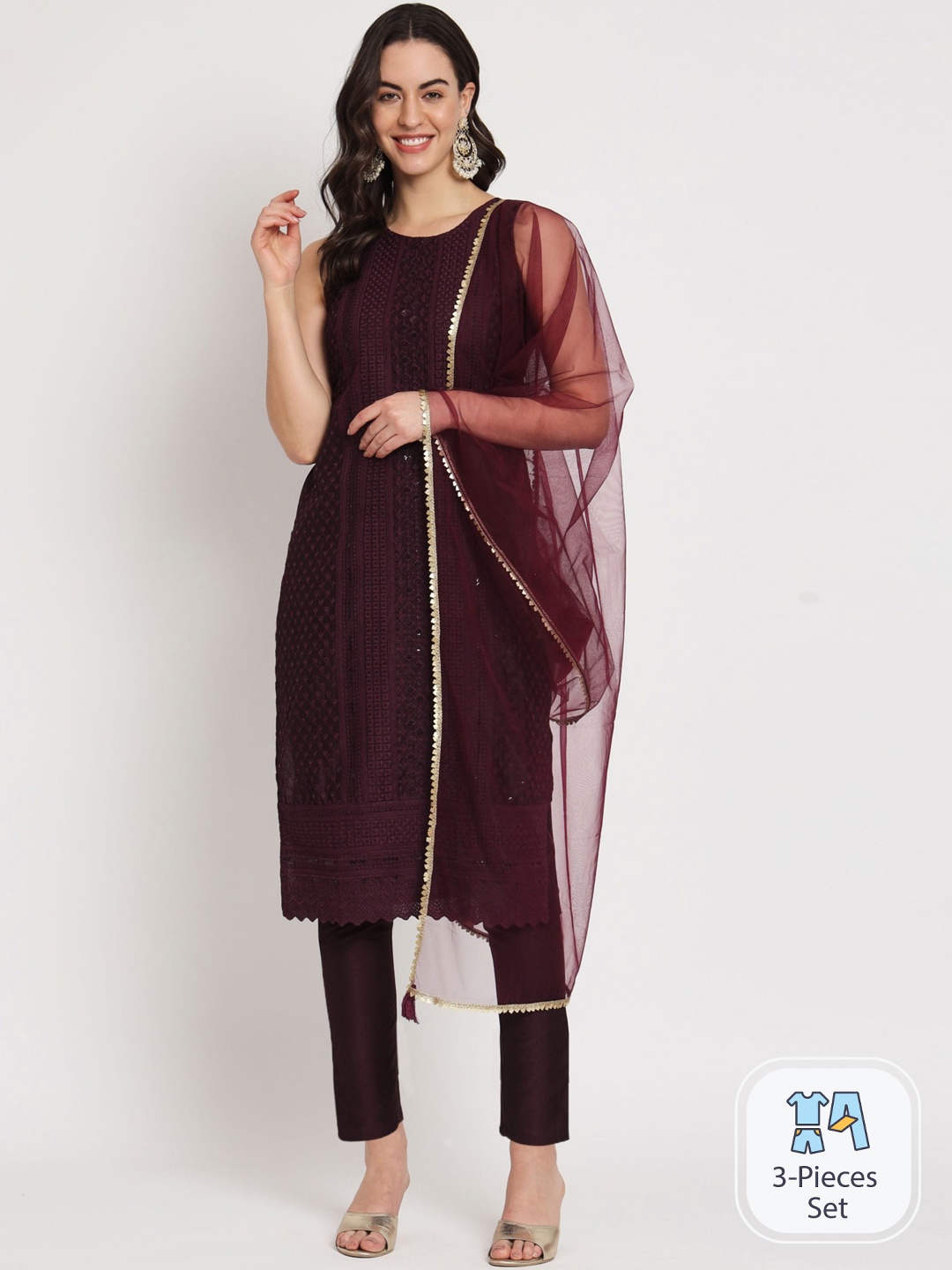 

Shopping Queen Ethnic Motif Embroidered Regular Sequinned Kurta With Trousers & Dupatta, Brown
