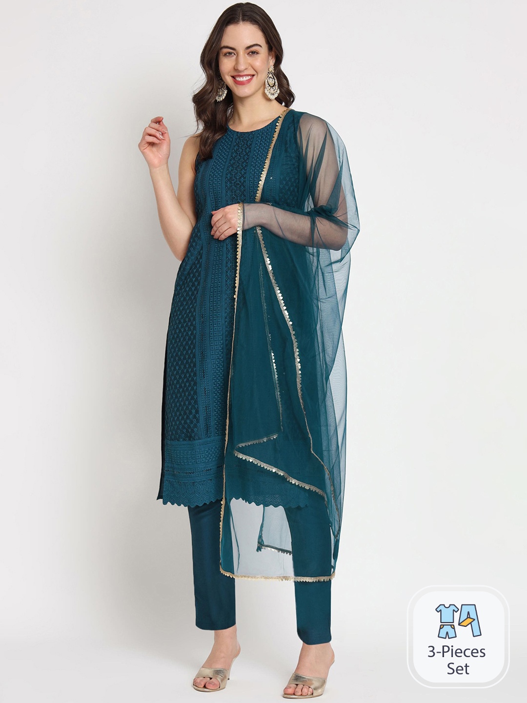 

Shopping Queen Ethnic Motif Embroidered Regular Sequinned Kurta With Trousers & Dupatta, Blue