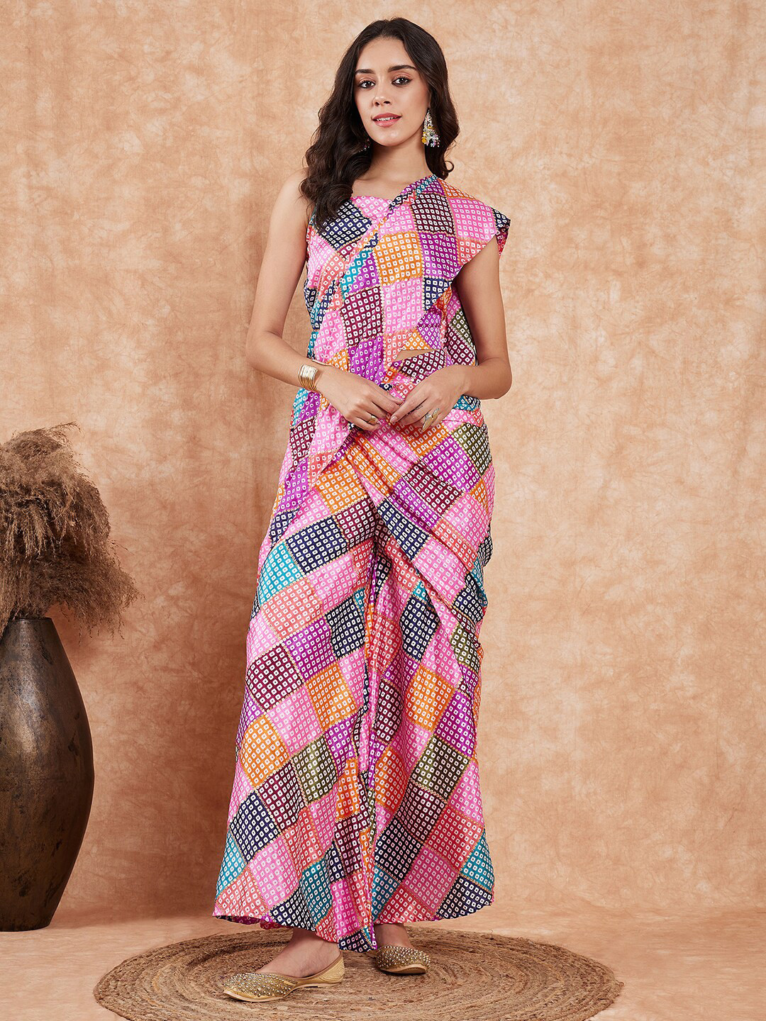

InWeave Bandhani Silk Blend Bandhani Palazzo Saree, Pink