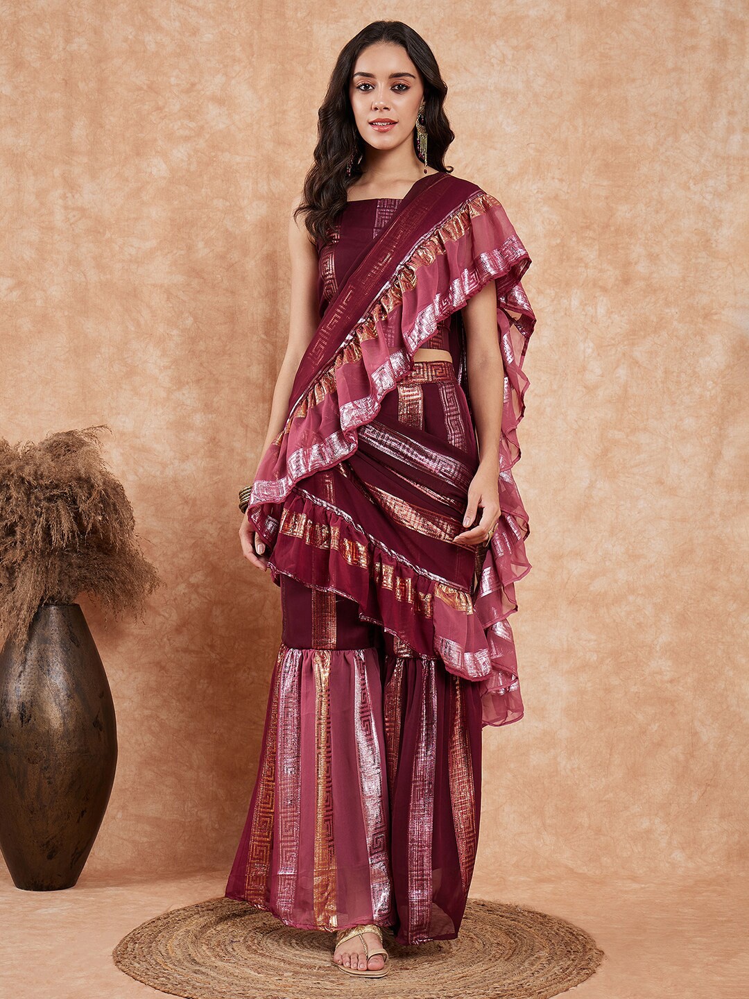 

InWeave Frill Detail Palazzo Saree, Maroon