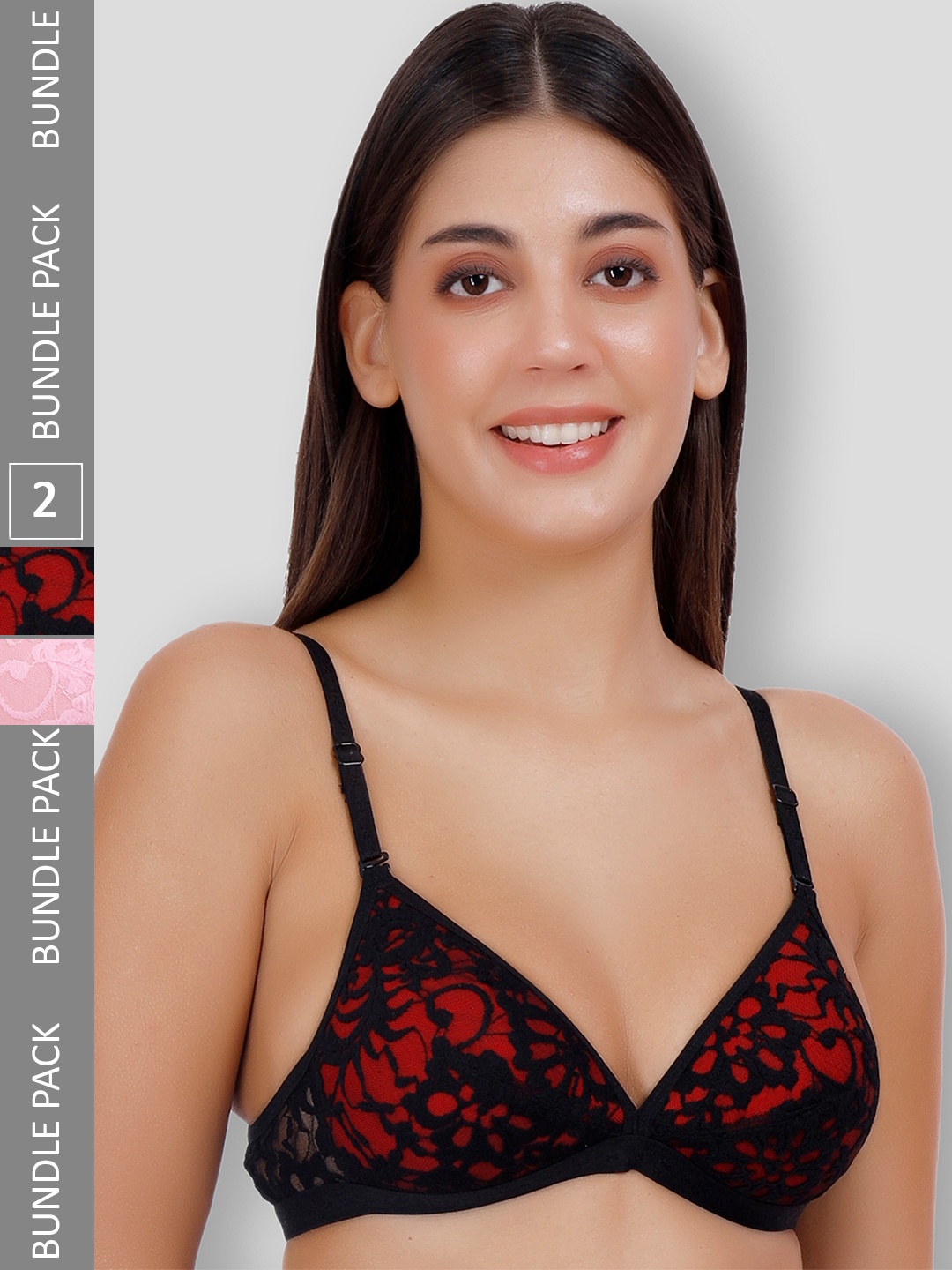 

SELFCARE Pack Of 2 Net Embroided Half Coverage Plunge Bra With Adjustable Straps, Black