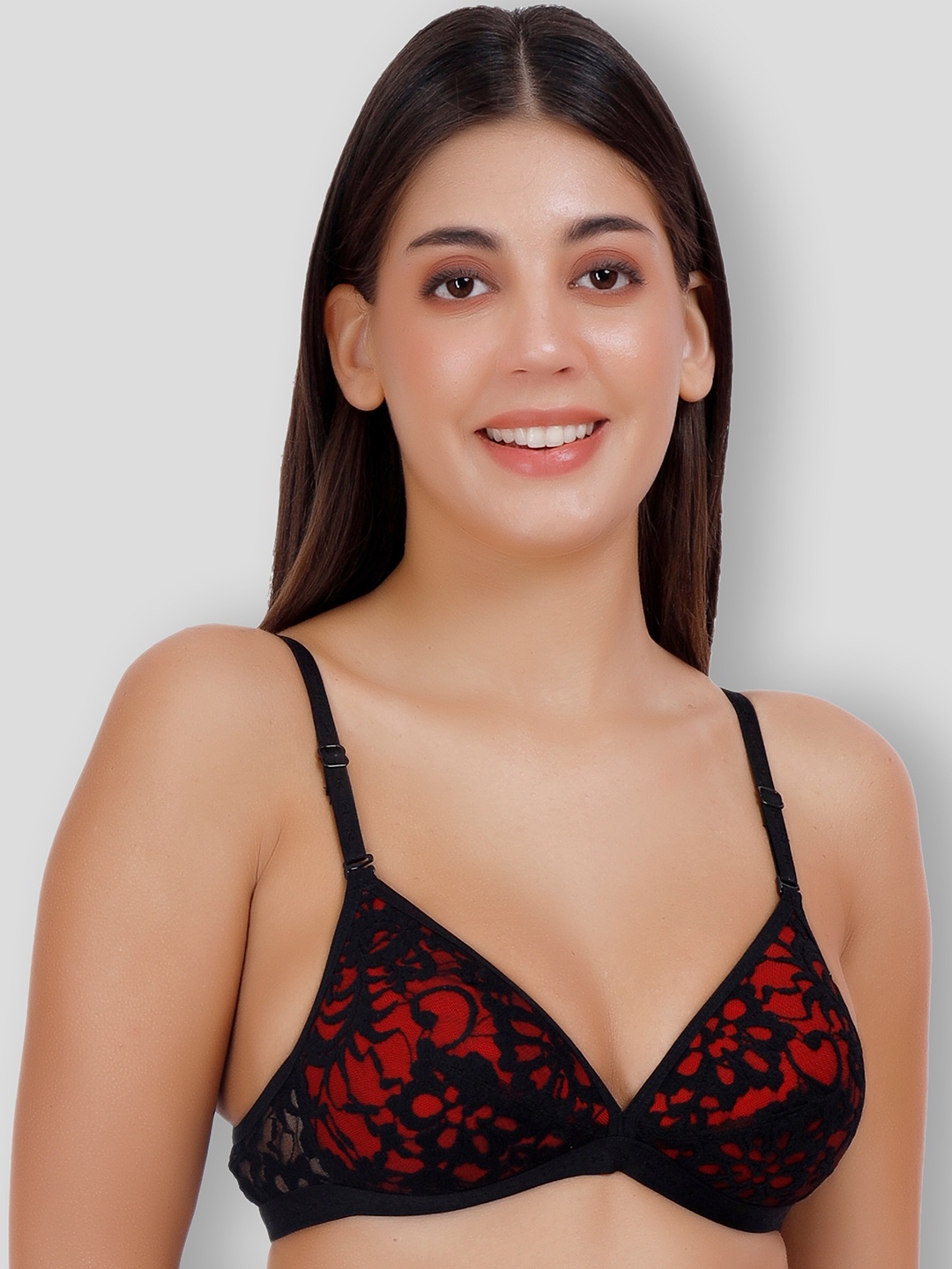 

SELFCARE Net Embroided Half Coverage Lightly Padded Plunge Bra With All Day Comfort, Black