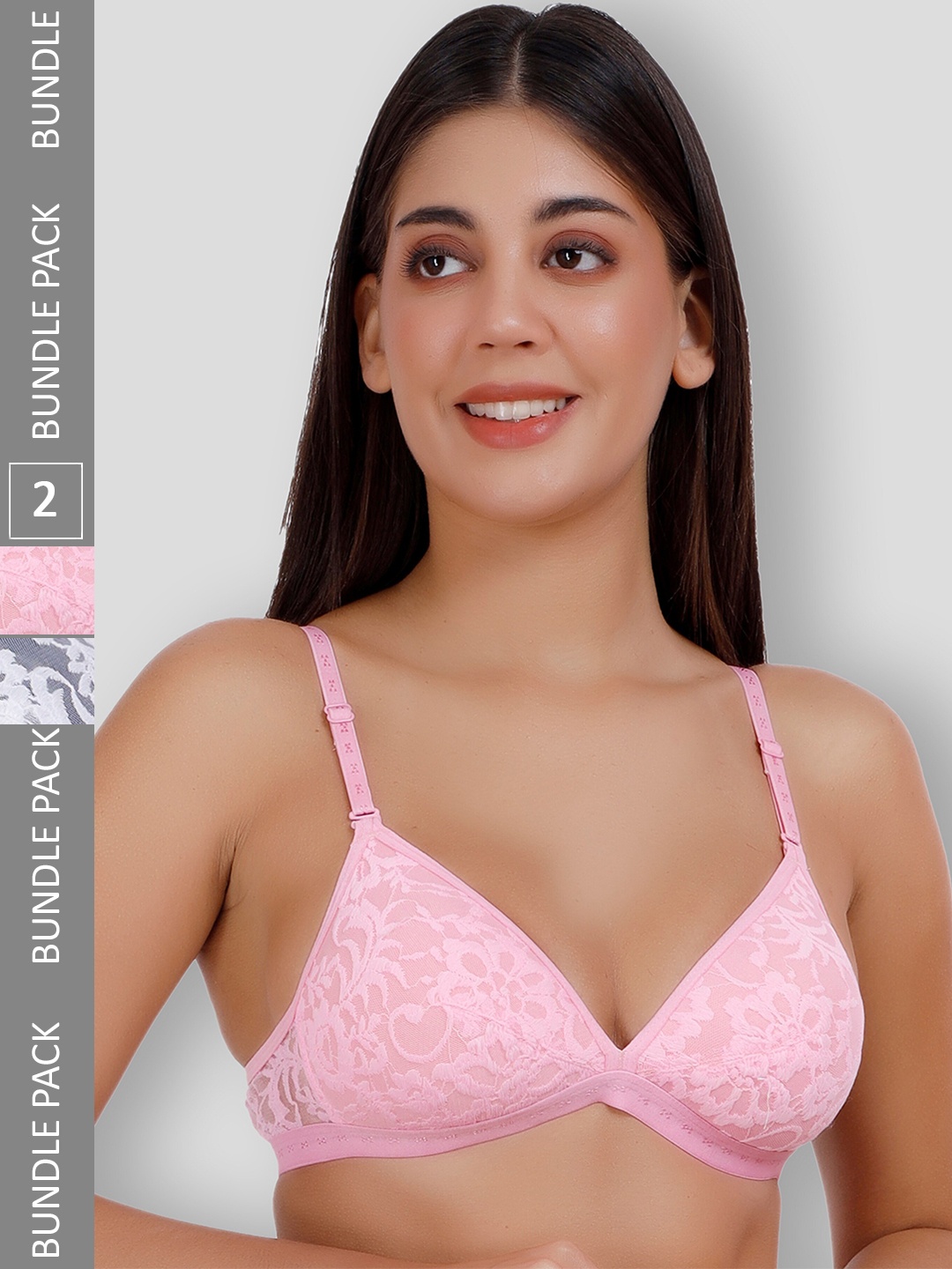 

SELFCARE Pack Of 2 Net Embroided Half Coverage Plunge Bra With Adjustable Straps, Pink