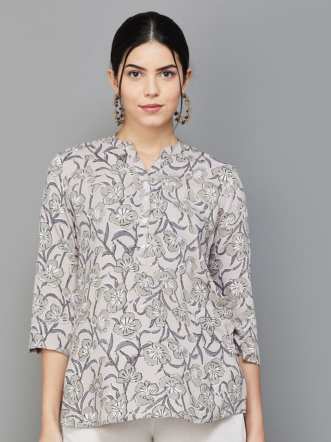 

Melange by Lifestyle Floral Printed Mandarin Collar Kurti, Grey