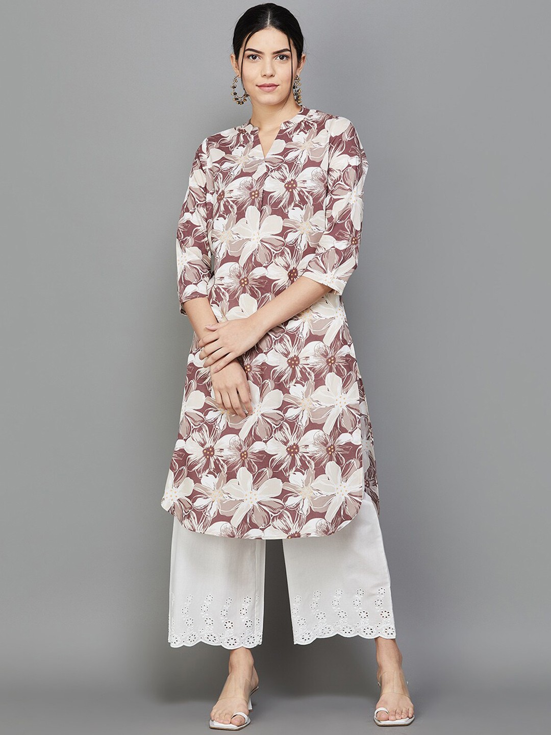 

Melange by Lifestyle Floral Printed Band Collar Regular Kurta, Brown