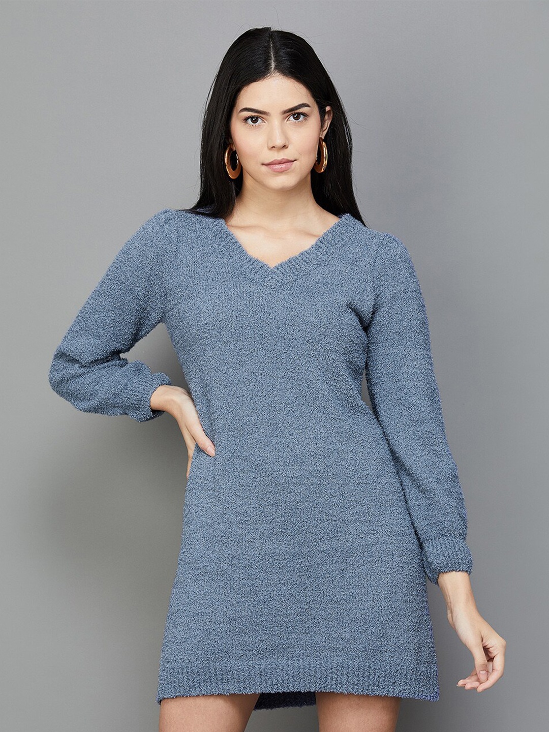 

CODE by Lifestyle Knitted V-Neck Cuffed Sleeves A-Line Dress, Blue