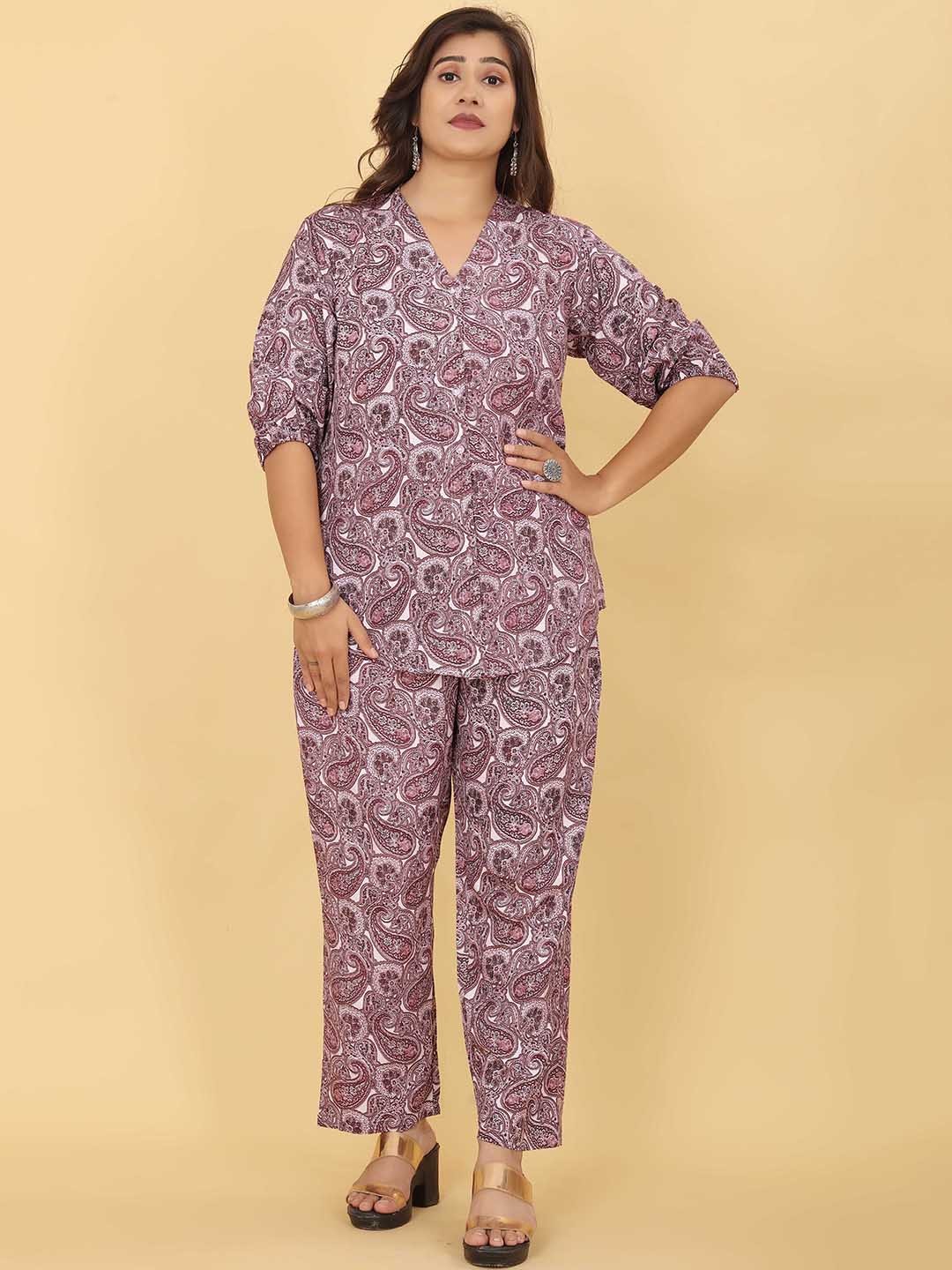 

INsthah Paisley Printed V-Neck Top And Trousers Co-Ords, Purple