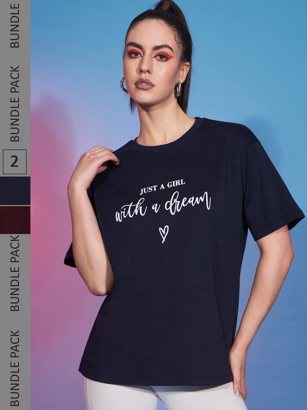 

GUTI Pack Of 2 Typography Printed Round Neck Short Sleeve Oversized Cotton T-Shirt, Maroon