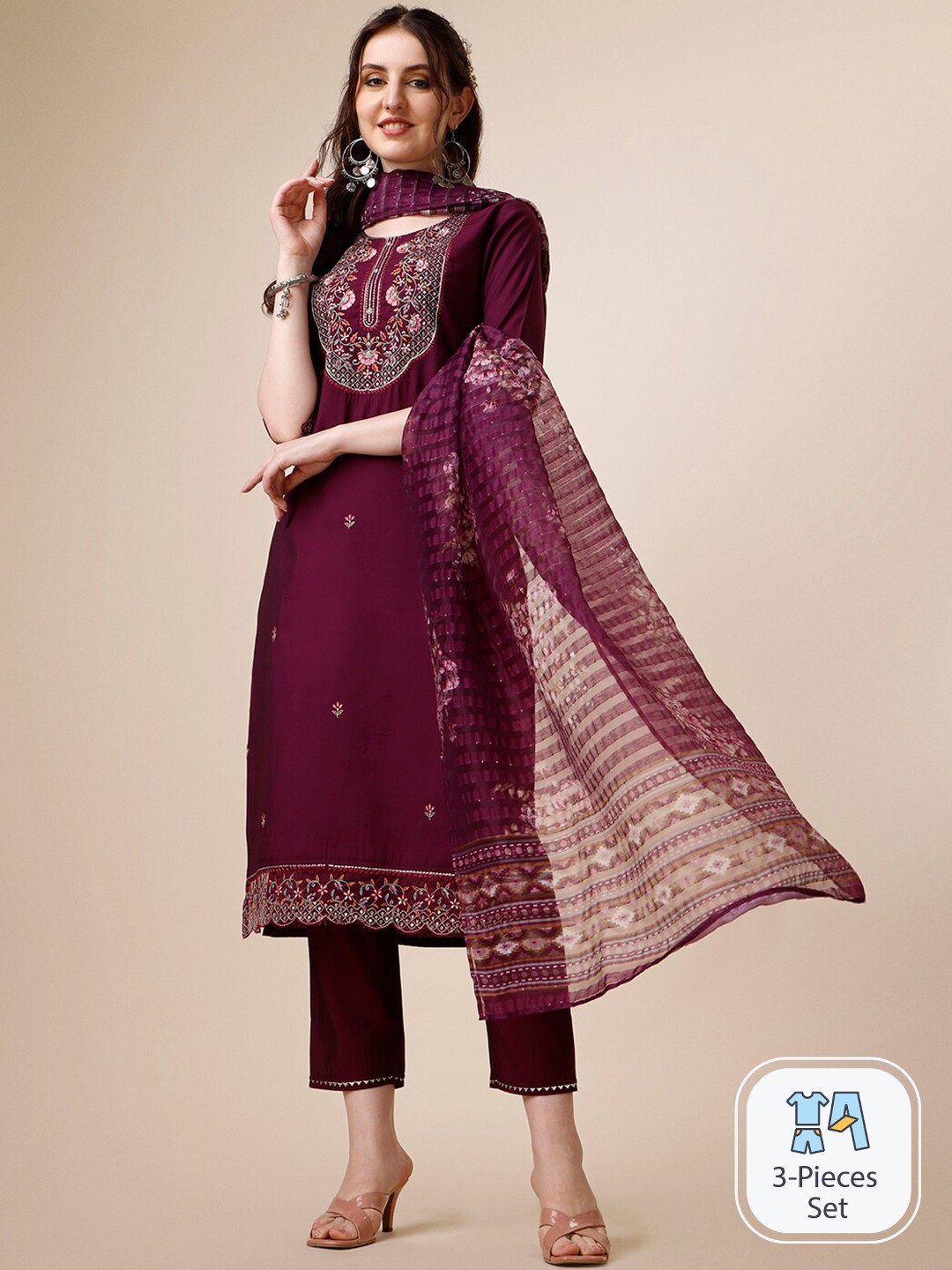 

KALINI Floral Embroidered Chanderi Cotton Kurta With Trousers & Dupatta, Purple