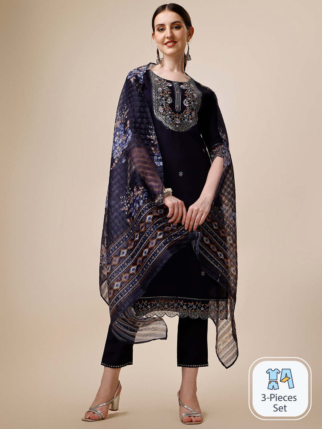 

KALINI Floral Embroidered Chanderi Cotton Straight Kurta & Trousers With Dupatta, Blue