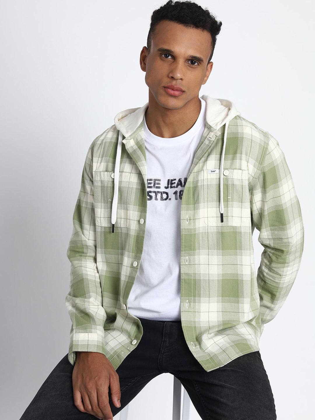 

Lee Tartan Checked Hooded Cotton Shirt, Green