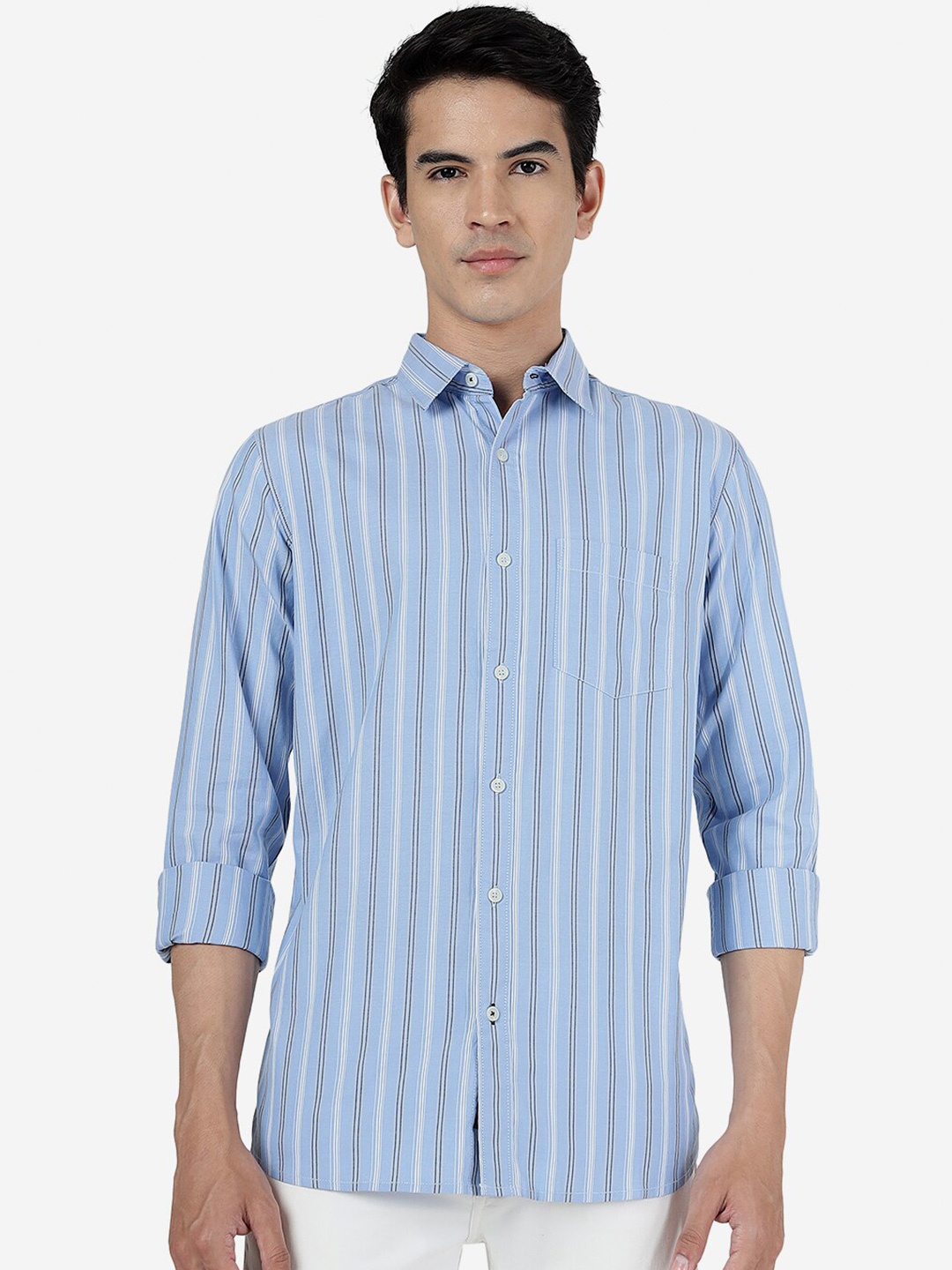 

JADE BLUE Slim Fit Striped Spread Collar Long Sleeve Pocket Cotton Casual Shirt
