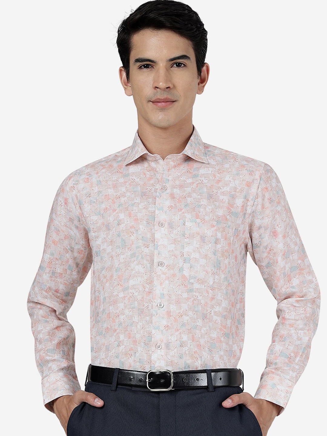 

JADE BLUE Slim Fit Floral Printed Spread Collar Long Sleeve Linen Formal Shit, Pink