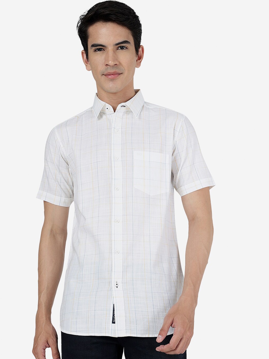 

JADE BLUE Slim Fit Other Checked Spread Collar Long Sleeve Pocket Cotton Casual Shirt, White