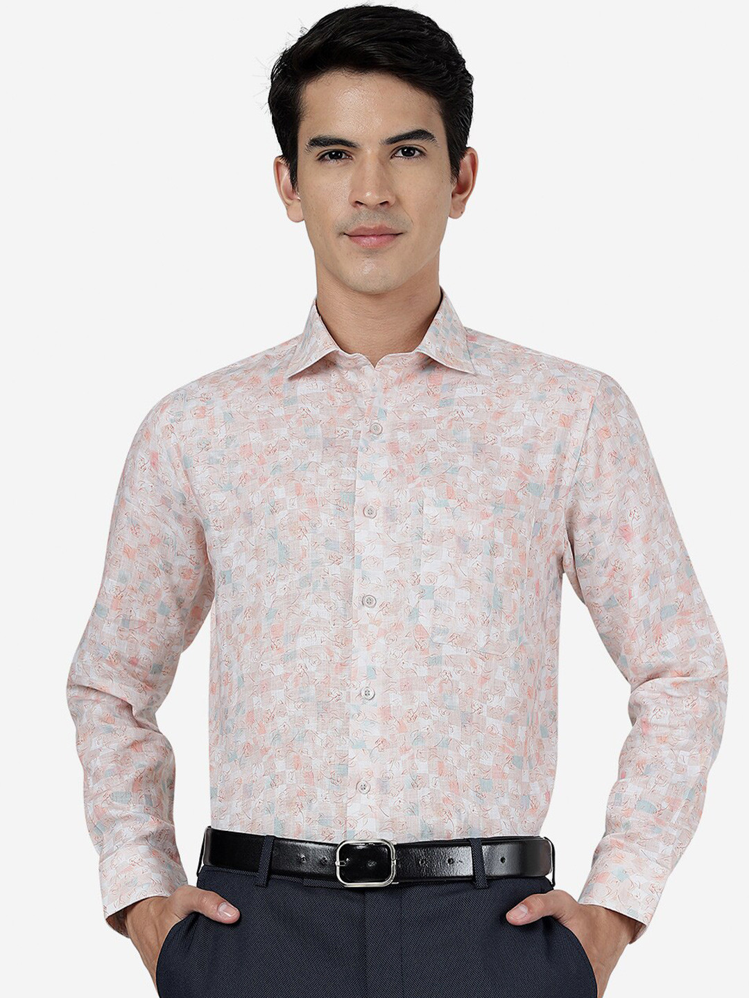 

JADE BLUE Slim Fit Floral Printed Spread Collar Long Sleeve Linen Formal Shit, Pink