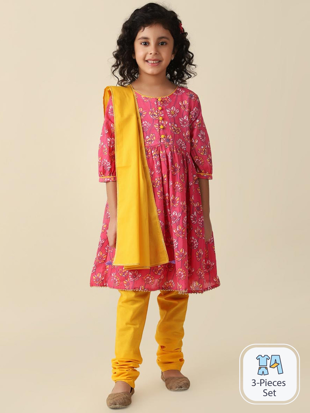 

Fabindia Girls Floral Printed Pure Cotton Empire Kurta With Churidar & Dupatta, Pink