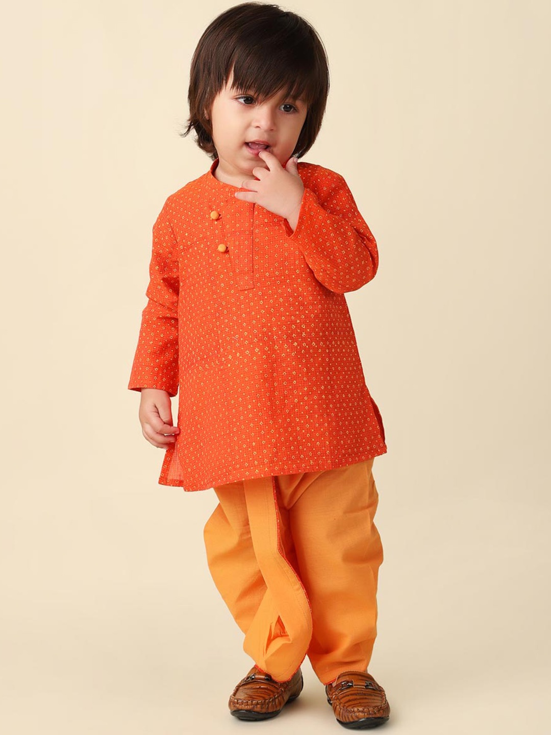 

Fabindia Boys Bandhani Printed Pure Cotton Kurta With Dhoti Pants, Orange
