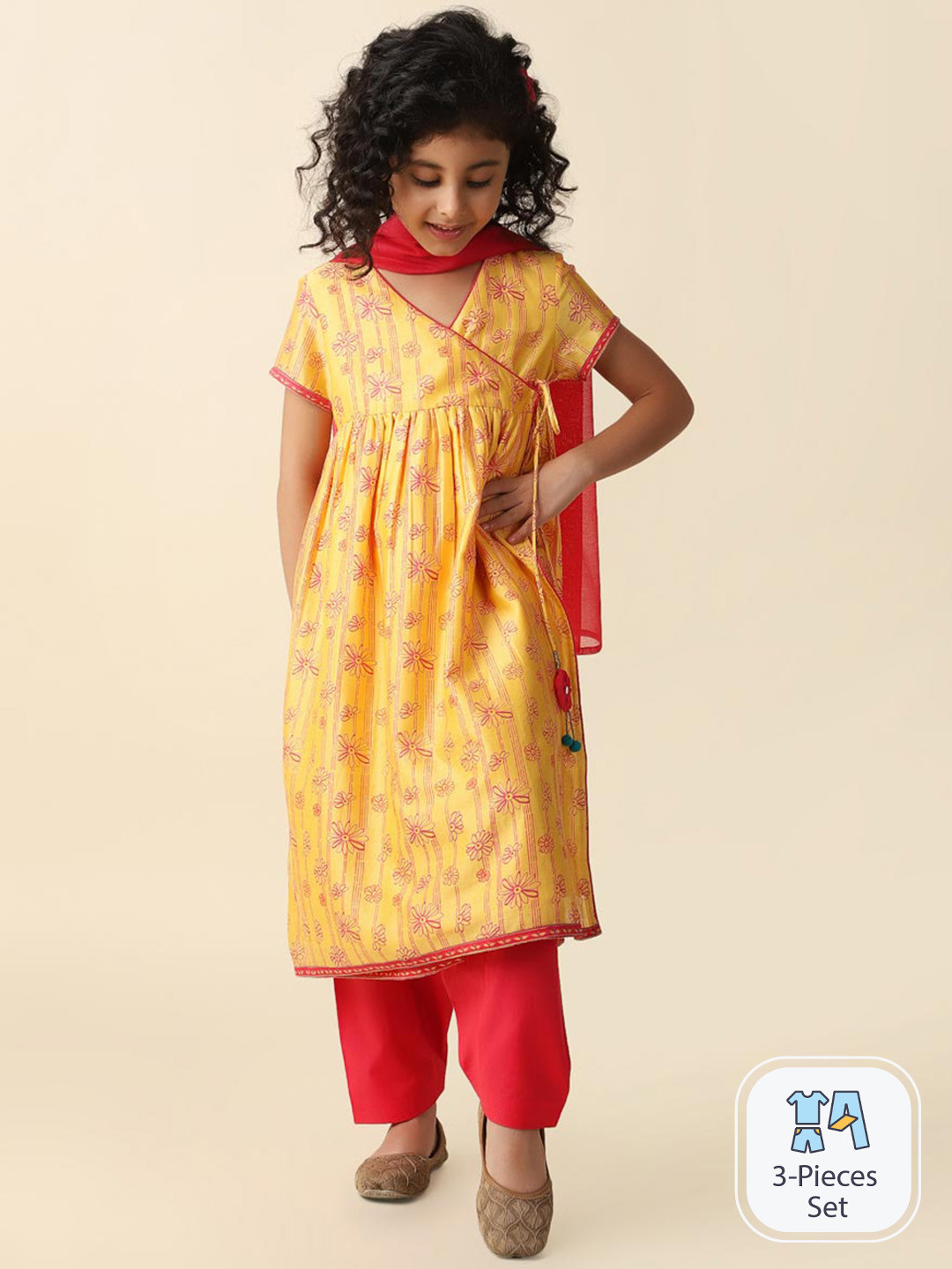 

Fabindia Girls Floral Printed V-Neck Angrakha Kurta With Salwar & Dupatta, Yellow