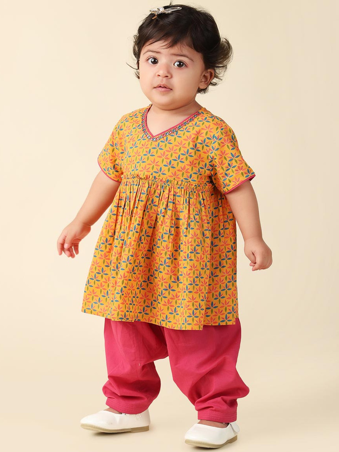 

Fabindia Girls Ethnic Motifs Printed Mirror Work Pure Cotton A-Line Kurta with Salwar, Orange