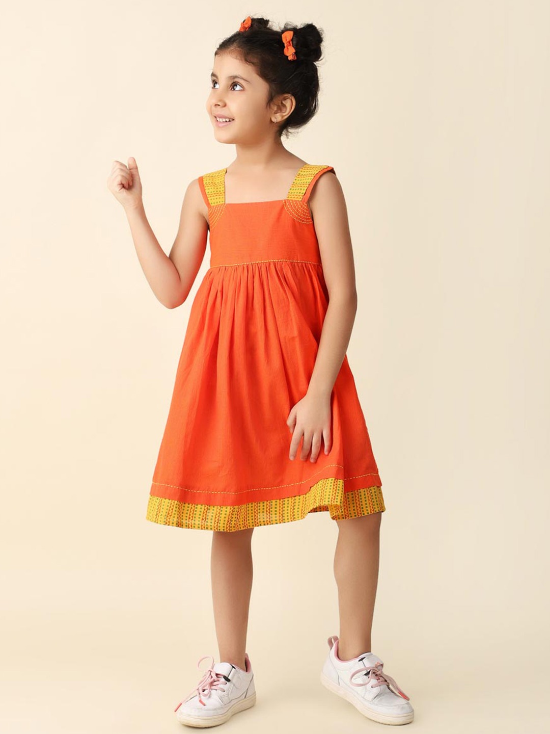 

Fabindia Girls Shoulder Straps Gathered Cotton Fit & Flare Dress, Orange
